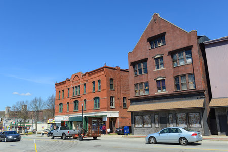 Historic commercial buildings on Main Street in historic town center of Webster, Massachusetts MA, USA.のeditorial素材