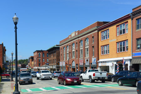 Historic commercial buildings on Main Street in historic town center of Webster, Massachusetts MA, USA.のeditorial素材