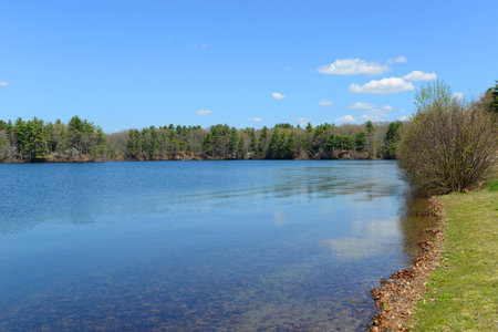 Lake Chaubunagungamaug aka Webster Lake in spring in town of Webster, Massachusetts MA, USA. The original name Lake  is the longest name in US.の写真素材
