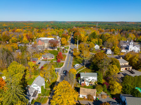 Acton Town Green aerial view in fall in historic town center of Acton, Massachusetts MA, USA.の写真素材