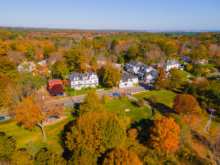 Historic waterfront building aerial view in fall on York River in village of York Harbor, town of...