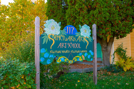 Sanctuary Arts School at 117 Bolt Hill Road in historic town center of Eliot, Maine ME, USA.のeditorial素材