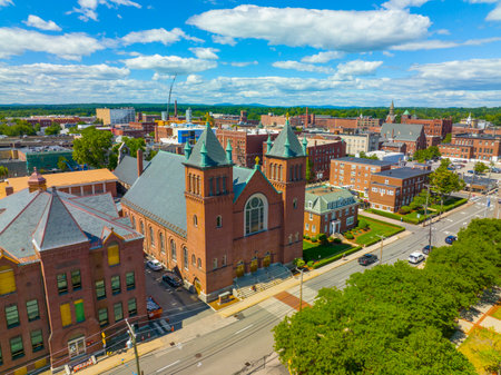 Saint Patricks Roman Catholic Church aerial view at 29 Spring Street in historic downtown Nashua, New Hampshire NH, USA.の写真素材
