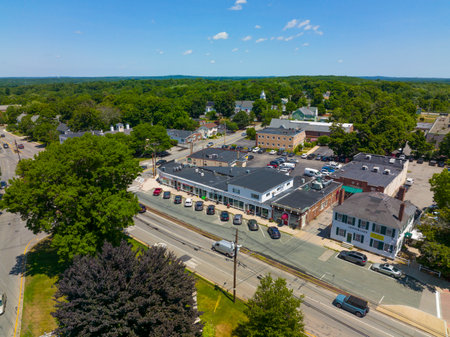 Historic commercial buildings aerial view on Boston Road at Boston Common in historic town center of Billerica, Massachusetts MA, USA.のeditorial素材