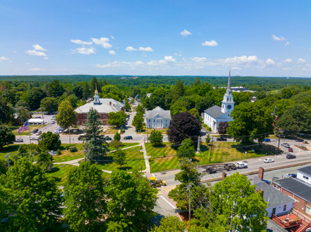 Billerica Public Library and First Parish Unitarian Universalist Church aerial view at Billerica Common in historic town center of Billerica, Massachusetts MA, USA.の写真素材