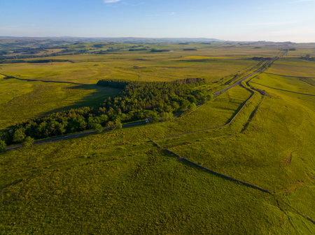 Black Carts Turret aerial view on Hadrian's Wall ruin near village of Chollerford in town of Hexham in England, UK.の写真素材