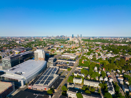Brighton historic center and Boston Landing aerial view with Boston Back Bay skyline at the...
