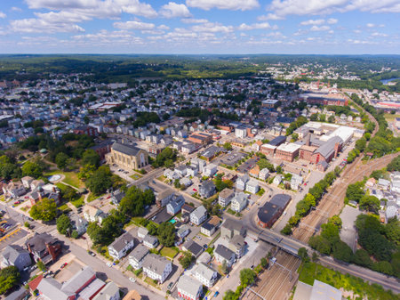 Central Falls historic city center aerial view including Igreja Jesus Cristo e o Senhor Universal Church on Board Street in city of Central Falls, Rhode Island RI, USA.の写真素材