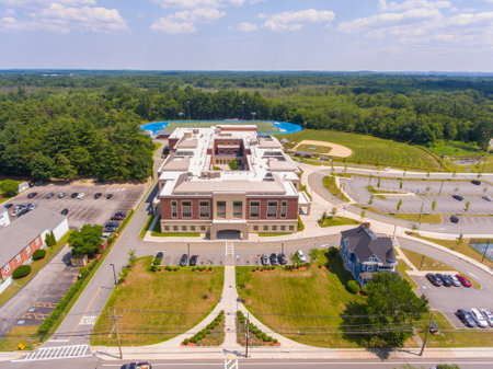 Wilmington historic town center aerial view at Town Common with Wilmington Public High School in summer in town of Wilmington, Massachusetts MA, USA.の写真素材