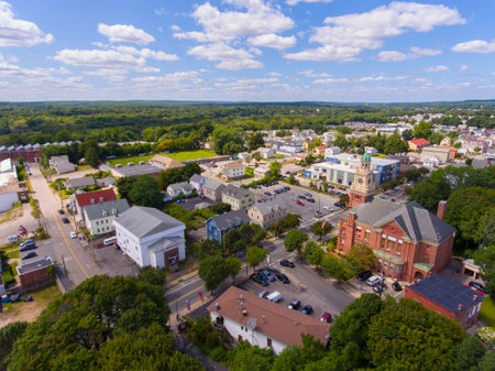 Cumberland Town Hall aerial view at 45 Broad Street in historic town center of Cumberland, Rhode Island RI, USA.の写真素材