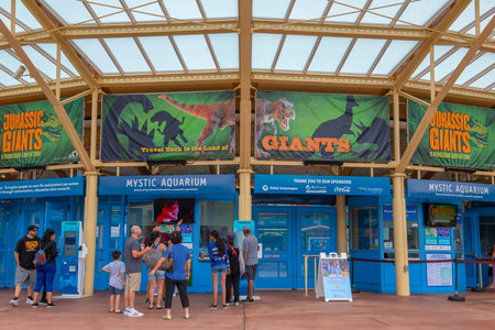 Mystic Aquarium main entrance in village of Mystic in town of Stonington, Connecticut CT, USA.のeditorial素材