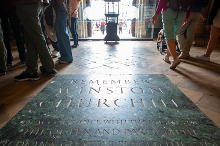 Sir Winston Churchill tomb in Westminster Abbey. The church is UNESCO World Heritage Site located next to Palace of Westminster in city of Westminster in London, England, UK.のeditorial素材