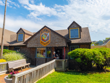 Historic shop in Old Mystic Village in summer in village of Mystic, town of Stonington, Connecticut CT, USA.のeditorial素材
