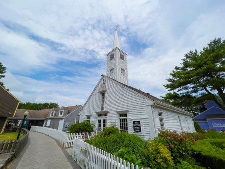 Historic shop in Old Mystic Village in summer in village of Mystic, town of Stonington, Connecticut CT, USA.のeditorial素材