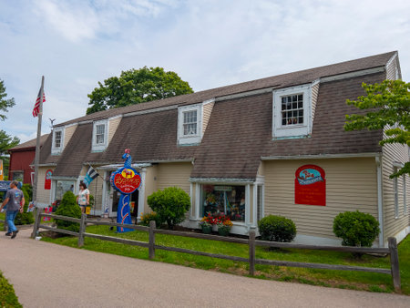Historic shop in Old Mystic Village in summer in village of Mystic, town of Stonington, Connecticut CT, USA.のeditorial素材