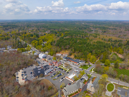 Weston historic commercial center aerial view in spring on Boston Post Road, Weston, Massachusetts MA, USA.の写真素材