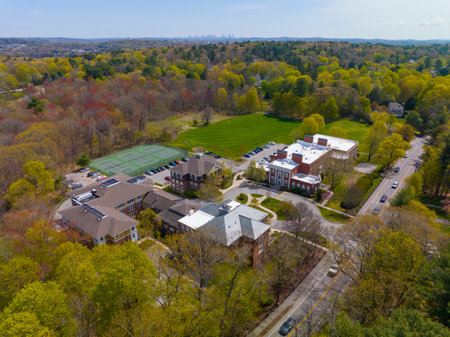 Brook School Apartments aerial view in spring on Boston Post Road in historic town center of Weston, Massachusetts MA, USA.の写真素材