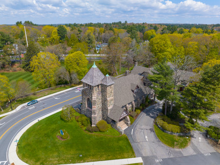 First Parish Church at 349 Boston Post Road in historic town center of Weston, Massachusetts MA, USA.の写真素材