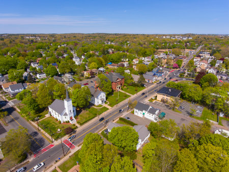 Saugus historic town center aerial view on Main Street in spring including Primera Iglesia Bautista church, Saugus, Massachusetts MA, USA.の写真素材