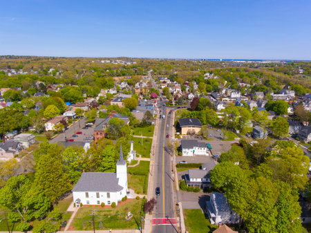 Saugus historic town center aerial view on Main Street in spring including Primera Iglesia Bautista church, Saugus, Massachusetts MA, USA.の写真素材