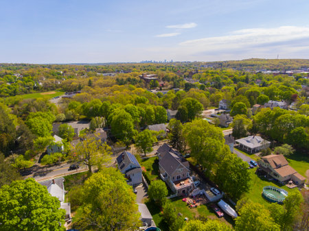 Saugus historic town center aerial view on Main Street in spring including Primera Iglesia Bautista church, Saugus, Massachusetts MA, USA.の写真素材
