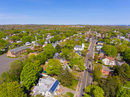Saugus historic town center aerial view on Main Street in spring including Primera Iglesia Bautista church, Saugus, Massachusetts MA, USA.の写真素材