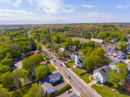 Saugus historic town center aerial view on Main Street in spring including Primera Iglesia Bautista church, Saugus, Massachusetts MA, USA.の写真素材