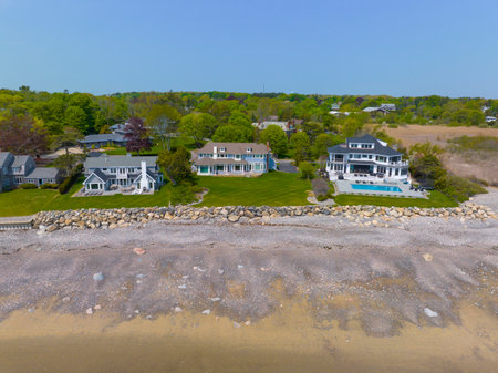 Historic coastal house aerial view in spring near Phillip's Beach in town of Swampscott, Massachusetts MA, USA.の写真素材