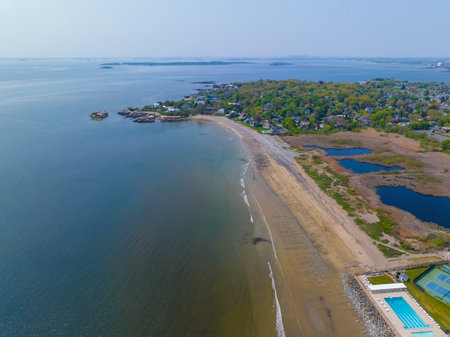 Phillip's Beach aerial view in spring in town of Swampscott, Massachusetts MA, USA.の写真素材