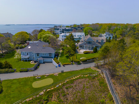 Historic coastal house aerial view in spring near Phillip's Beach in town of Swampscott, Massachusetts MA, USA.の写真素材