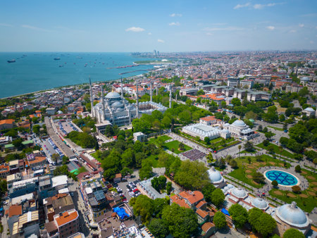 Blue Mosque Sultan Ahmet Camii aerial view with Sea of Marmara in Sultanahmet in historic city of Istanbul, Turkey.の写真素材