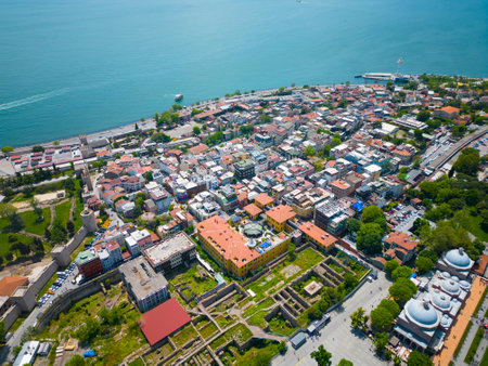 Sultanahmet historic district aerial view with Sea of Marmara at the background in historic city of Istanbul, Turkey.の写真素材