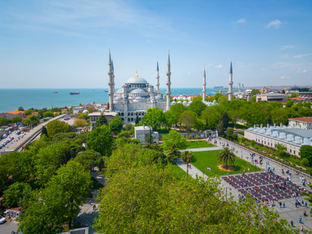 Blue Mosque Sultan Ahmet Camii aerial view in Sultanahmet in historic city of Istanbul, Turkey.の写真素材