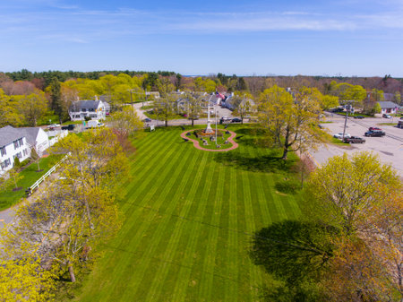 Hampton Falls town center aerial view including First Baptist Church at Town Common, Hampton Falls, New Hampshire NH, USA.の写真素材