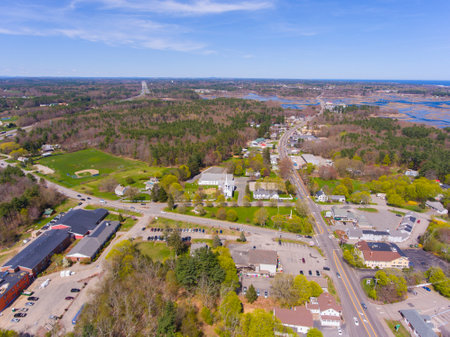 Hampton Falls town center aerial view including First Baptist Church at Town Common, Hampton Falls, New Hampshire NH, USA.の写真素材
