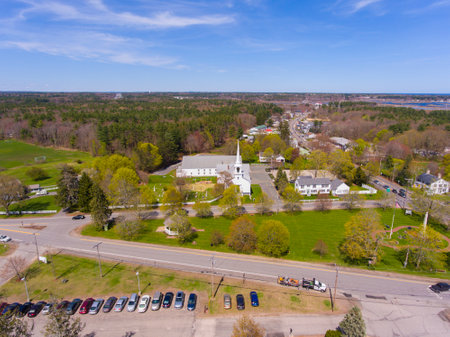 Hampton Falls town center aerial view including First Baptist Church at Town Common, Hampton Falls,...