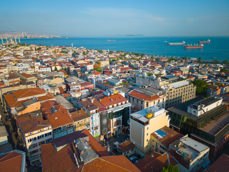 Sultanahmet historic district aerial view with Sea of Marmara at the background in historic city of Istanbul, Turkey.の写真素材
