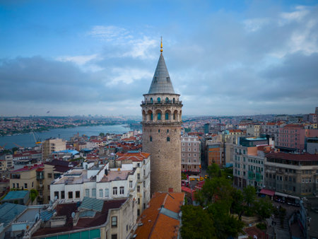 Galata Tower aerial view with morning twilight with Golden Horn at back in Beyoglu in historic city of Istanbul, Turkey.の写真素材