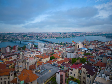 Golden Horn Bridge and Ataturk Bridge over Golden Horn and Beyoglu historic district aerial view in morning twilight in historic Istanbul, Turkey. Historic Areas of Istanbul is a Wの写真素材