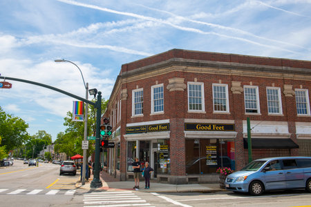 Historic commercial building at 1740 Massachusetts Avenue at Waltham Street in historic town center of Lexington, Massachusetts MA, USA.のeditorial素材