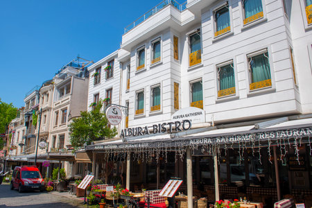 Albura Bistro and Senatus Hotel on Akbiyik Caddesi Street in Sultanahmet in historic city of Istanbul, Turkey. Historic Areas of Istanbul is a UNESCO World Heritage Site.のeditorial素材