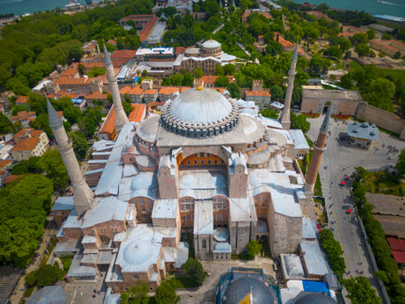 Hagia Sophia aerial view in Sultanahmet in historic city of Istanbul, Turkey.の写真素材