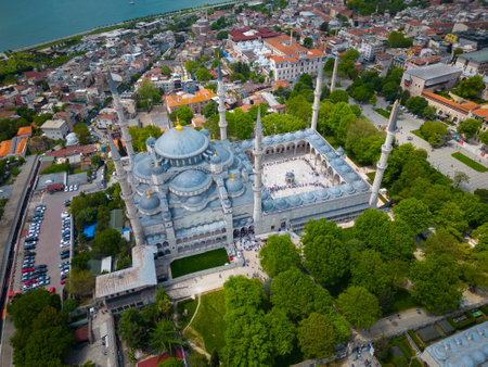 Blue Mosque Sultan Ahmet Camii aerial view in Sultanahmet in historic city of Istanbul, Turkey.の写真素材