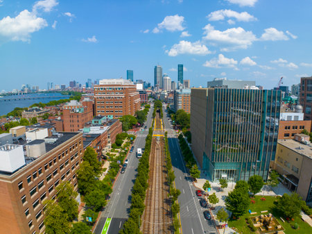 Boston Back Bay modern city skyline including John Hancock Tower, Prudential Tower, and Four Season Hotel at One Dalton Street from Fenway on Commonwealth Avenue in Boston, Massachの写真素材