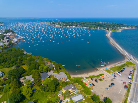 Marblehead Neck and Ocean Avenue aerial view at Marblehead Harbor in town of Marblehead, Massachusetts MA, USA.の写真素材