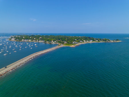 Marblehead Neck and Ocean Avenue aerial view at Marblehead Harbor in town of Marblehead, Massachusetts MA, USA.の写真素材