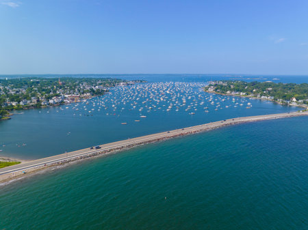Marblehead Neck and Ocean Avenue aerial view at Marblehead Harbor in town of Marblehead, Massachusetts MA, USA.の写真素材