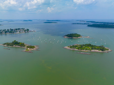 Sarah Island and Ragged Island aerial view in Hingham Harbor in town of Hingham near Boston, Massachusetts MA, USA. These Islands belong to Boston Harbor Islands Park.の写真素材