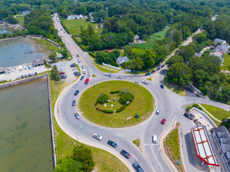 Aerial view of traffic roundabout on Summer Street next to Hingham Harbor in Hingham near Boston, Massachusetts MA, USA.の写真素材