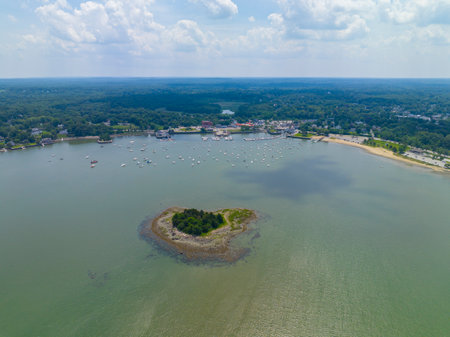 Hingham Harbor aerial view including historic waterfront village and Button Island in town of Hingham near Boston, Massachusetts MA, USA.の写真素材